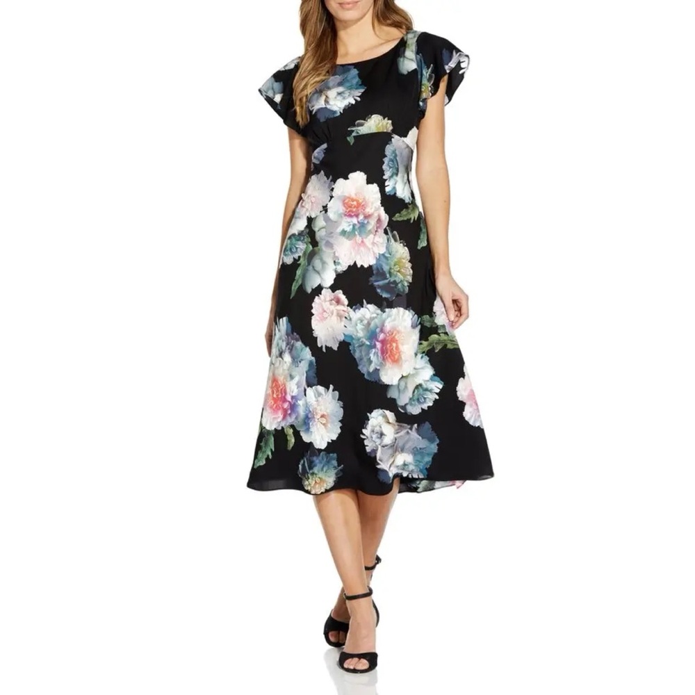 Adrianna Papell Crepe Floral Midi Dress Size 10